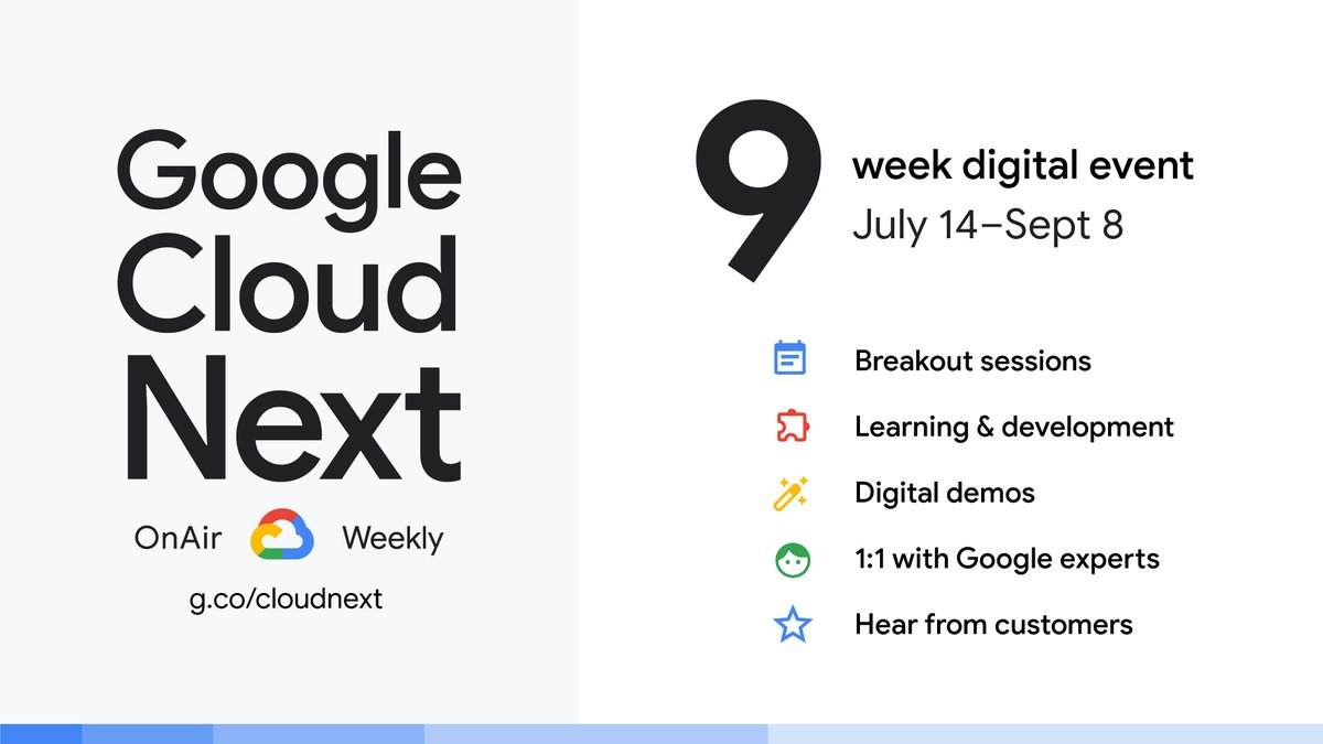 #GoogleCloudNext ‘20: OnAir is almost here!

☁️Explore exclusive Cloud content
💬Connect 1:1 with experts
🤖See the latest tech in action

Register today and reach out for session recommendations.
cloud.withgoogle.com/next/sf/