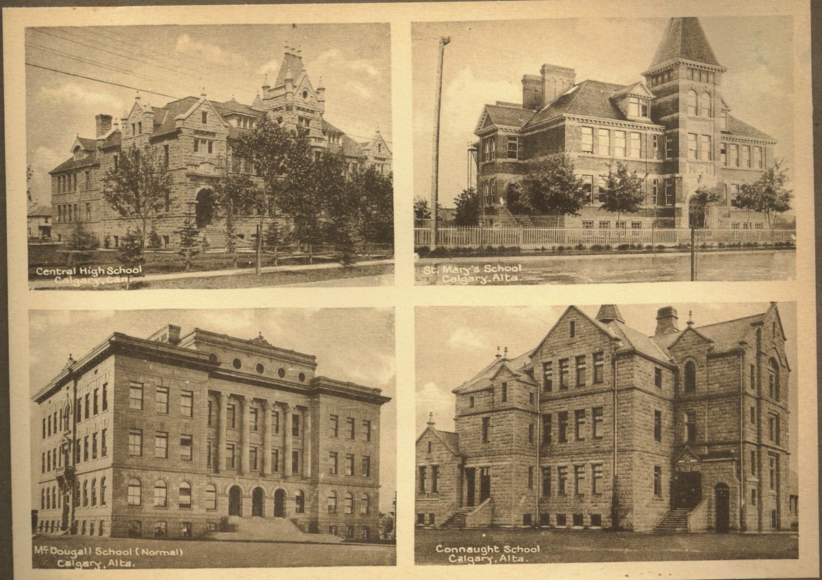 All of the schools in this picture (except St Mary's) are still standing. McDougall Centre is now the home of the  @YourAlberta in Calgary. And Central High School is home to the  @yyCBEdu administration offices. Only Connaught is still in use as a school.