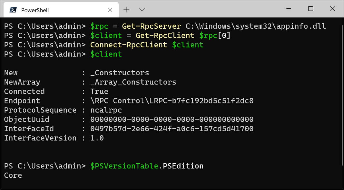 Using Get-RpcClient in PowerShell Core.