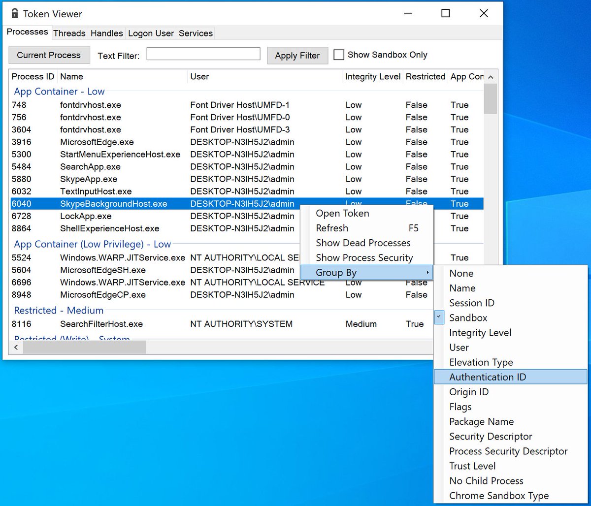 Token viewer application showing groups and the right click menu to group by.