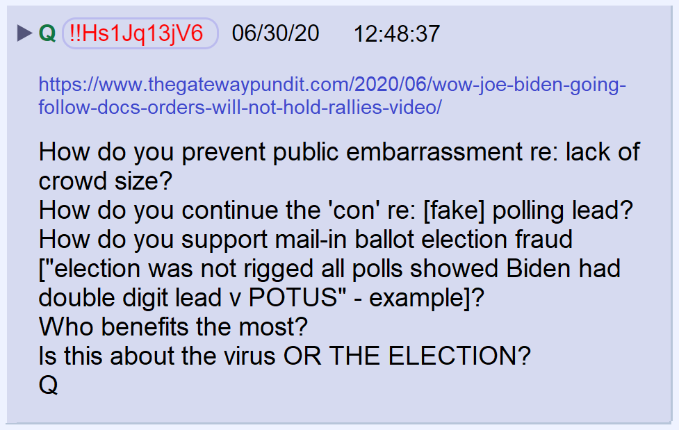 46) Dems know support for sleepy Joe is dismal.But they don't want the public to know it.So, they publish fake polls making him look competitive and created a convenient excuse for him not to hold rallies.