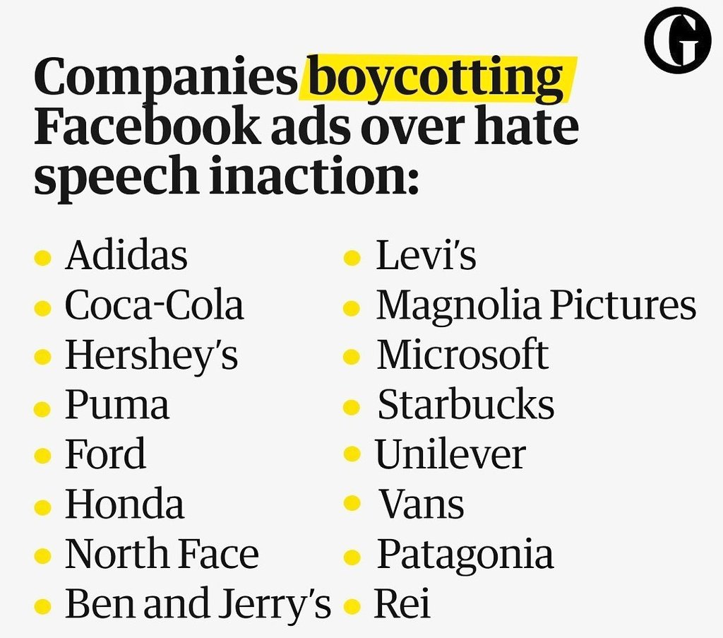 Elie Abou Assaf Companies Boycotting Facebook Ads Over Hate Speech Inaction What Do You Think Source Guardian Facebook Boycott Adidas Cocacola Hersheys Microsoft Puma Ford Honda Starbucks Unliver Vans T Co Uxtzx1dnhl
