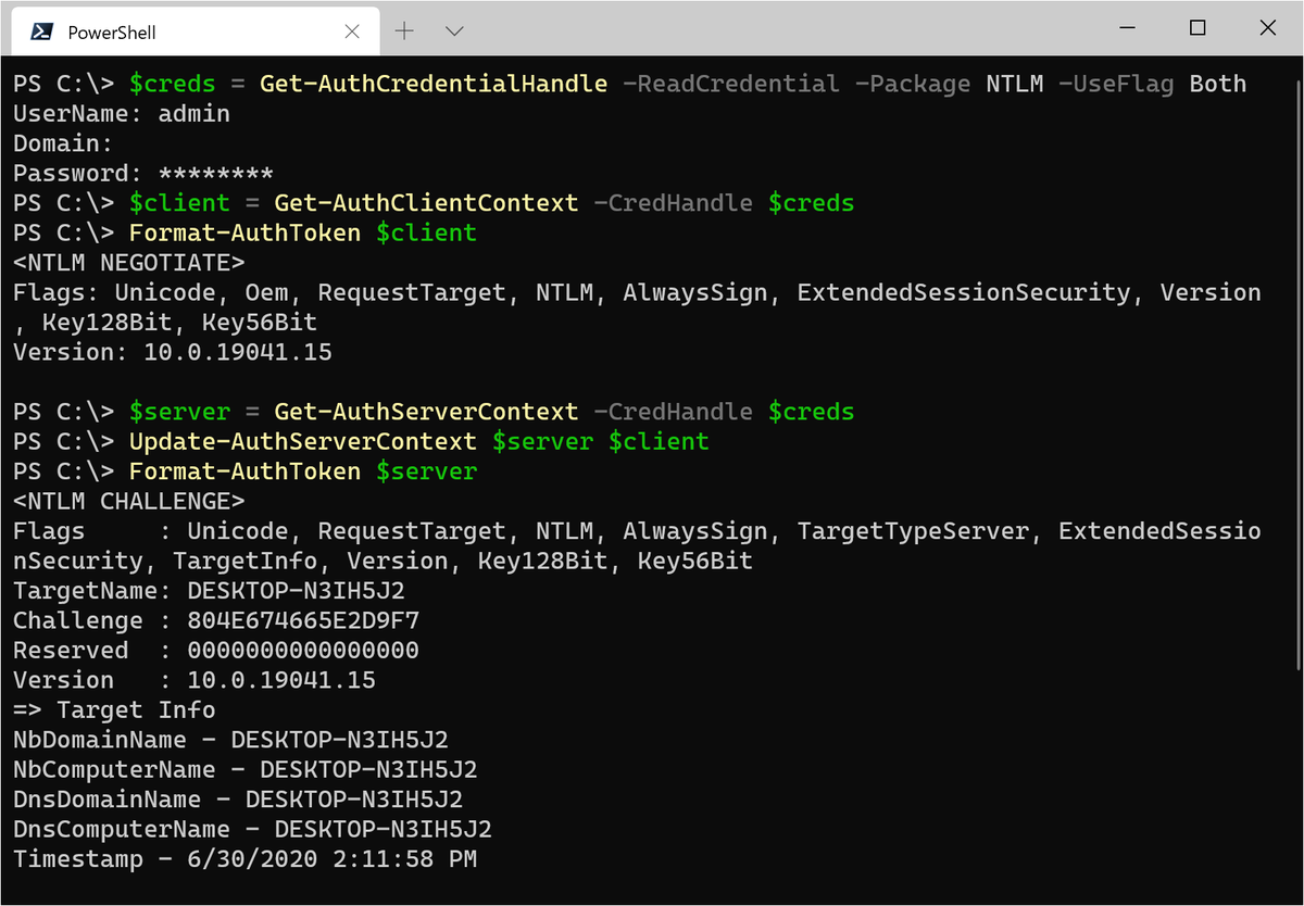 Using Get-AuthClientContext and Get-AuthServerContext to negotiate NTLM locally and using Format-AuthToken to display the NTLM tokens in text format.