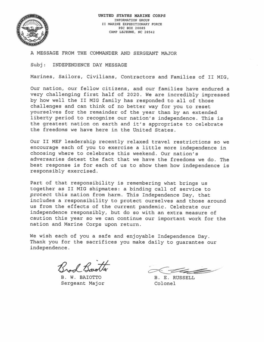 iimigofficial's tweet photo. Message From the MIG Commander:

On and off duty, our job is to be a protector (full message below).

#USMC #IIMIG #July4th #independenceday  #collect #protect #project #command #message https://t.co/d78WDEZU2u