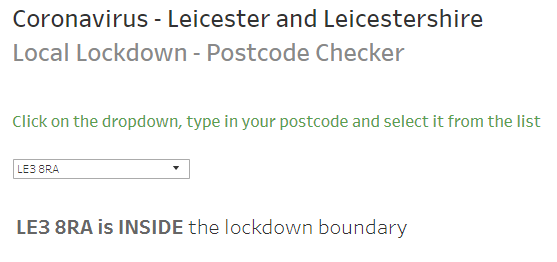 We've updated our website with a postcode checker. Sorry it's late - but you can find it here: leicestershire.gov.uk/coronavirus-co…
