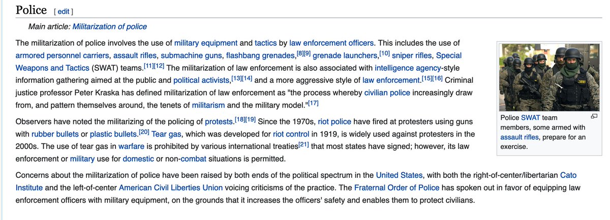 Councillor Banga: The motion makes it seem like we know the definition of militarization, but we're not clear on it. This snapshot from Wikipedia makes it pretty obvious though, EPS does/has a bunch of this.  #yegcc