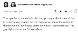 By her own admission, Johnson wasn’t there when the Stonewall riots broke out. But the idea that she led the charge has been repeated over and over in the national media, including the  @nytimes. (They later issued a correction, but these false claims are commonplace.)