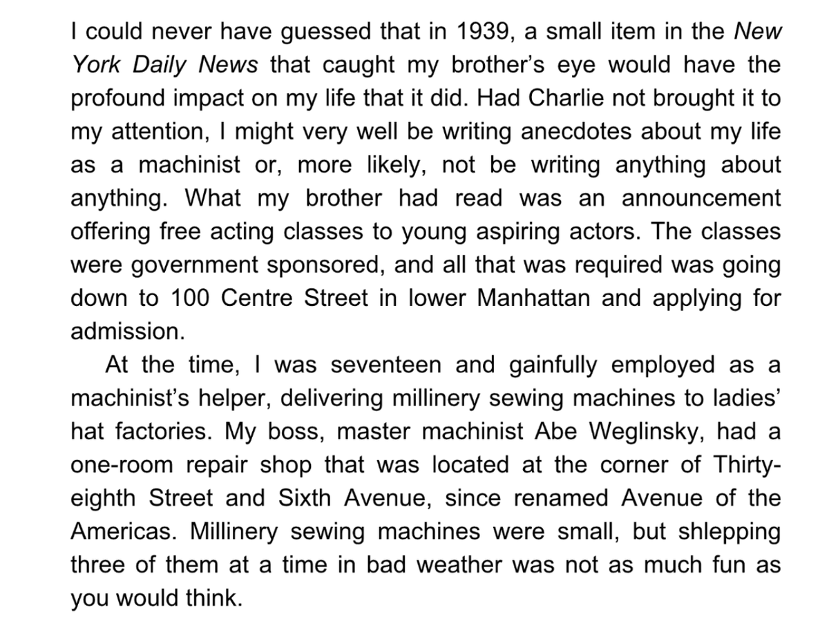 Carl Reiner in his memoir: If his brother had not told him about free acting classes offered by the New Deal's WPA, "I might very well be writing anecdotes about my life as a machinist or, more likely, not be writing anything about anything."