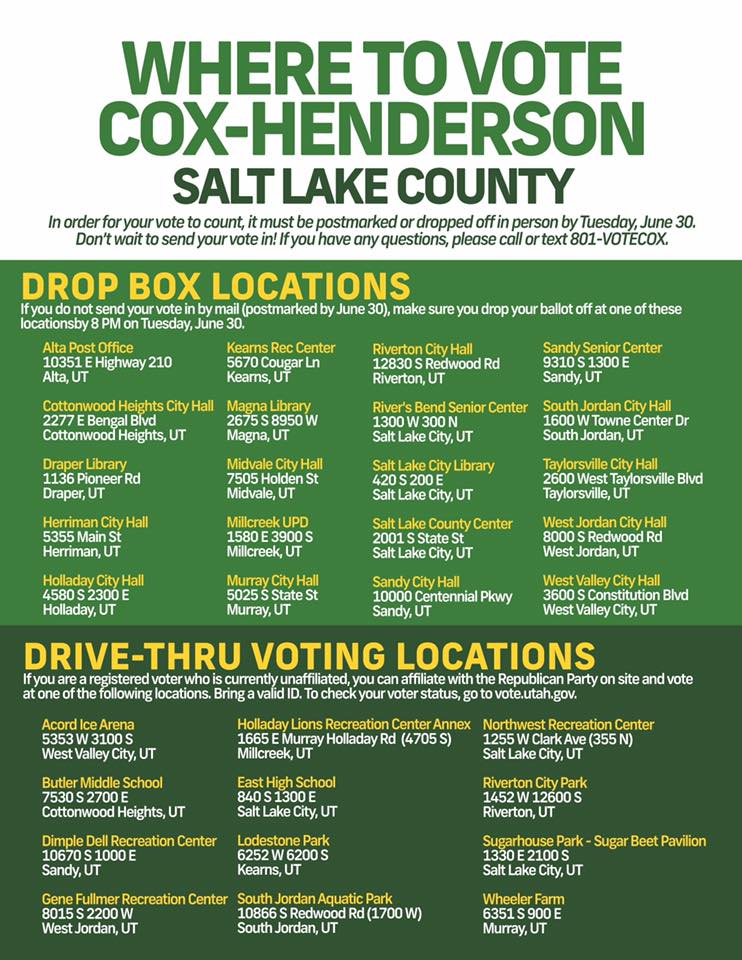 If you haven't voted yet in #SaltLakeCounty here's how you can. Don't forget to vote for @SpencerJCox and @DeidreHenderson! #utpol