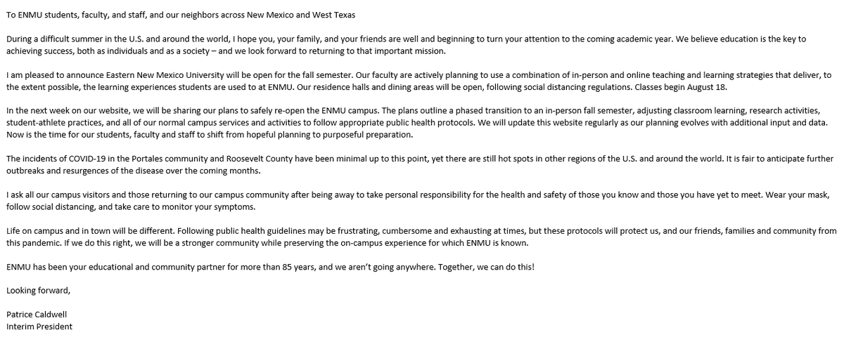 ENMUAthletics's tweet photo. Check your inboxes Greyhounds!

A message from Interim President Patrice Caldwell just announced that Eastern New Mexico University will be open for the fall semester!

We cannot wait to see all of you in August while following our social distancing regulations!

#ENMU https://t.co/GdcqTC7DNY