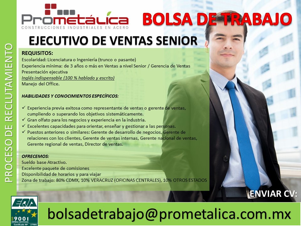 PrometalicaMx's tweet photo. #BolsaDeTrabajo
Tenemos vacante para ejecutivo de ventas en Prometálica.

Envíanos tu CV a: 
bolsadetrabajo@prometalica.com.mx

O contáctanos por Facebook como:
Prometálica Industrial de Manufactura https://t.co/QIwFZ6cG31