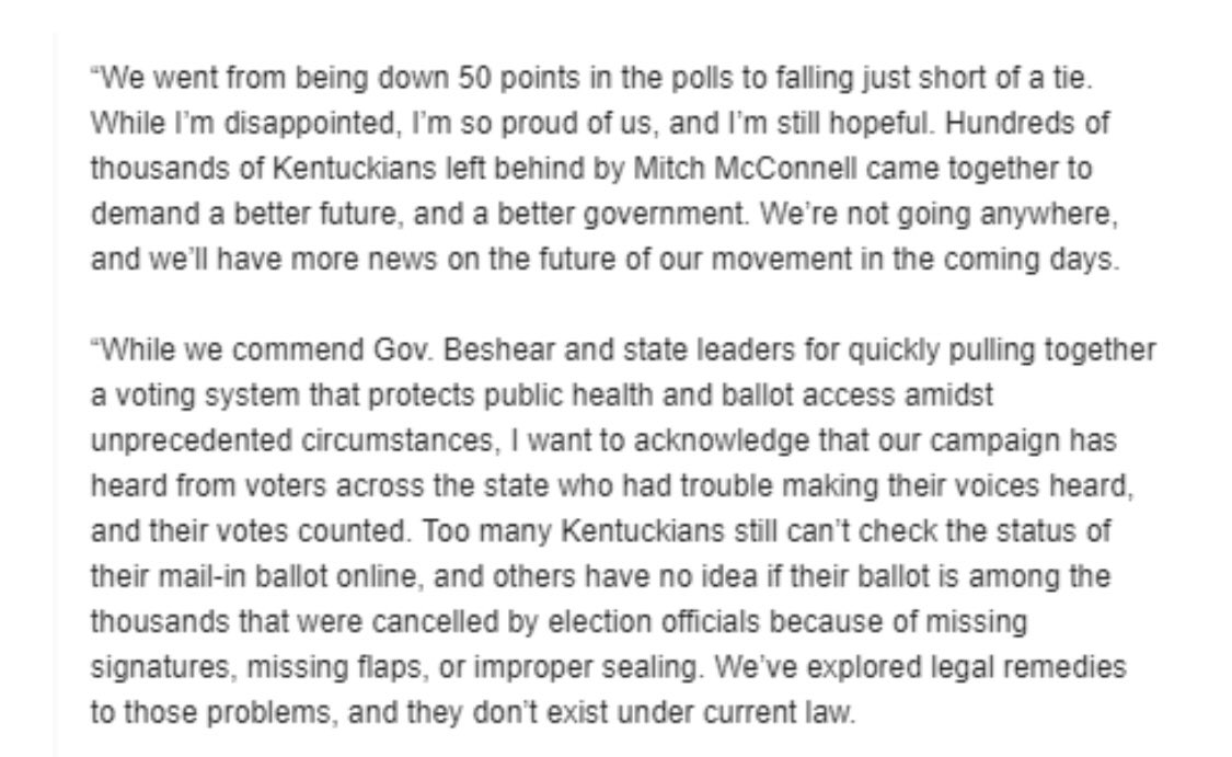 Booker4KY's tweet image. Kentucky, I am so proud of you. I truly hope I made you proud of me too. It is my honor to stand on the front line for you. 

We didn’t win at the ballot box, but what we have done is undeniable. I am humbled. I am grateful. From the hood to the holler, I love you.

My statement.