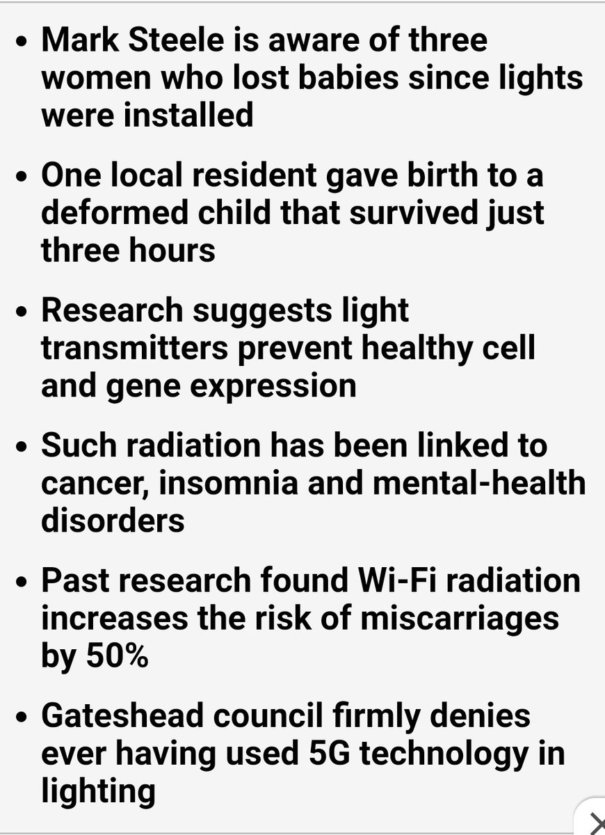 Women in Gateshead are 'enduring stillbirths due to street lamps'- symptoms of insomnia, nose bleeds and several women have even endured the horror of stillbirths since the introduction of LED lamps that he believes emit 5G radiation.  https://www.dailymail.co.uk/health/article-5409921/Residents-enduring-stillbirths-street-lamps.html?ito=amp_twitter_share-top via  @MailOnline