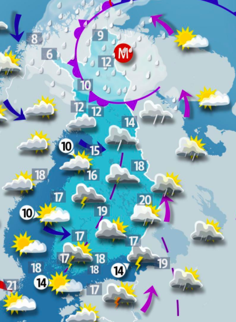 Good morning! It will be a wet and windy start to #July in #Finland, with thunderstorms expected in southern and central areas.