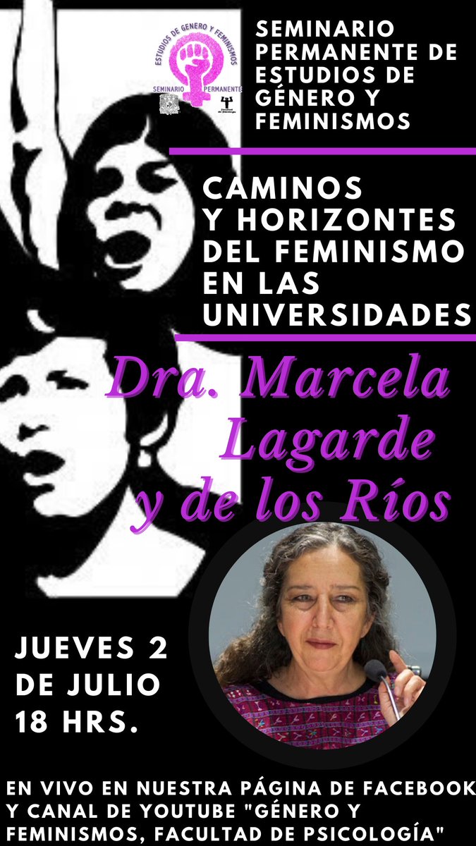 inmujeracapulco's tweet photo. El Seminario de Estudios de Género y Feminismo Permanente de la Facultad de Psicología de la UNAM, nos invitan a escuchar a la Dra. Marcela Lagarde, quien abordará el tema "Caminos y horizontes del feminismo en las universidades"; el próximo 2 de julio.

#AcapulcoUnido https://t.co/tj1QrrPthN