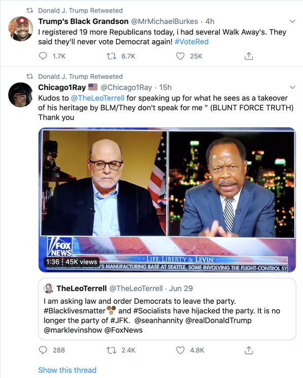 Trump this evening retweeted 3 accounts that have repeatedly amplified QAnon content.