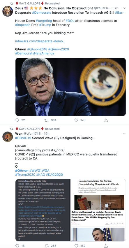Trump this evening retweeted 3 accounts that have repeatedly amplified QAnon content.