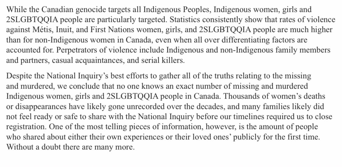 Then read the report of the inquiry on Missing and Murdered Indigenous Women and Girls. It was *also* written for all Canadians, to tell us how especially brutal our systemic anti-Indigenous racism is on women, femmes, 2S and others:  https://www.mmiwg-ffada.ca/wp-content/uploads/2019/06/Executive_Summary.pdf
