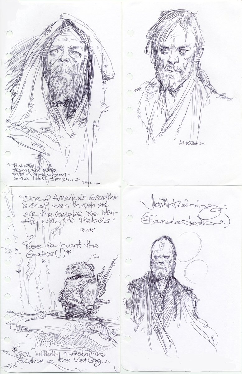 Early-2013  #TheForceAwakens art dept meeting sketches of Luke Skywalker and an Ewok by  #StarWars designer Iain McCaig.“The old samurai who puts his sword on one last time.”“One of America’s strengths is that, even though we are the Empire, we identify with the Rebels.”2/7