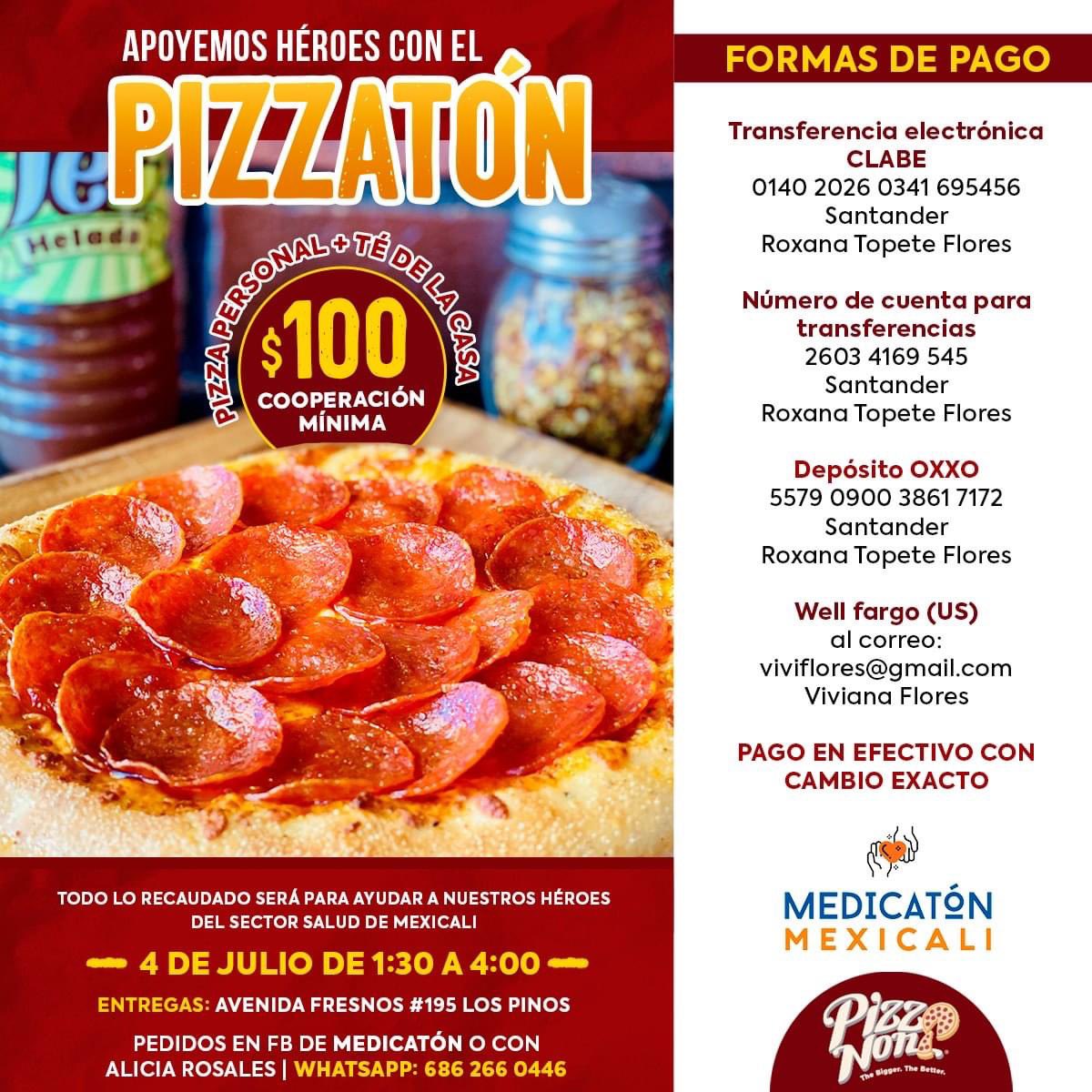 gente de mxl, si pueden este fin de semana dejar la dieta y pasar por una pizzita se lo agradecería mucho, yo, mi familia y todo el personal médico que se encuentra en el área de covid. todo lo recaudado ira para comprar insumos, 100 pesitos hacen la diferencia
