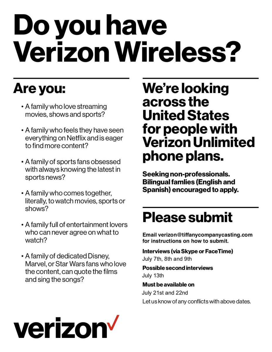 Tiffany Company Casting is seeking REAL families with Verizon for a major commercial. Are you a Disney Fan? Netflix family? Star Wars fan? Apply today: verizonfamilysummer.castingcrane.com