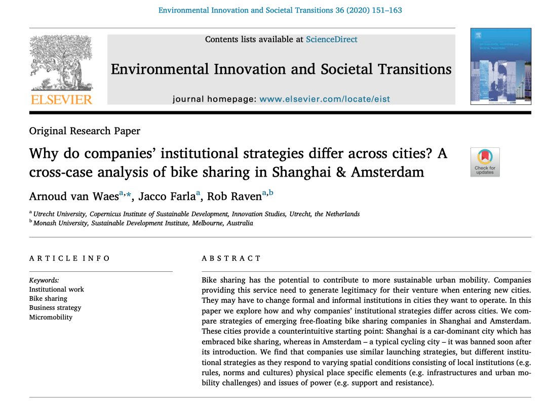 Our latest paper develops a spatially sensitive framework for institutional analysis of business strategies with a comparative case study on cycling innovation in Shanghai and Amsterdam. Well done to <a href="/arnoudvanwaes/">Arnoud van Waes</a> for leading this publication. <a href="/fietsprofessor/">Urban Cycling Institute 🚲 </a> <a href="/arnoudvanwaes/">Arnoud van Waes</a>