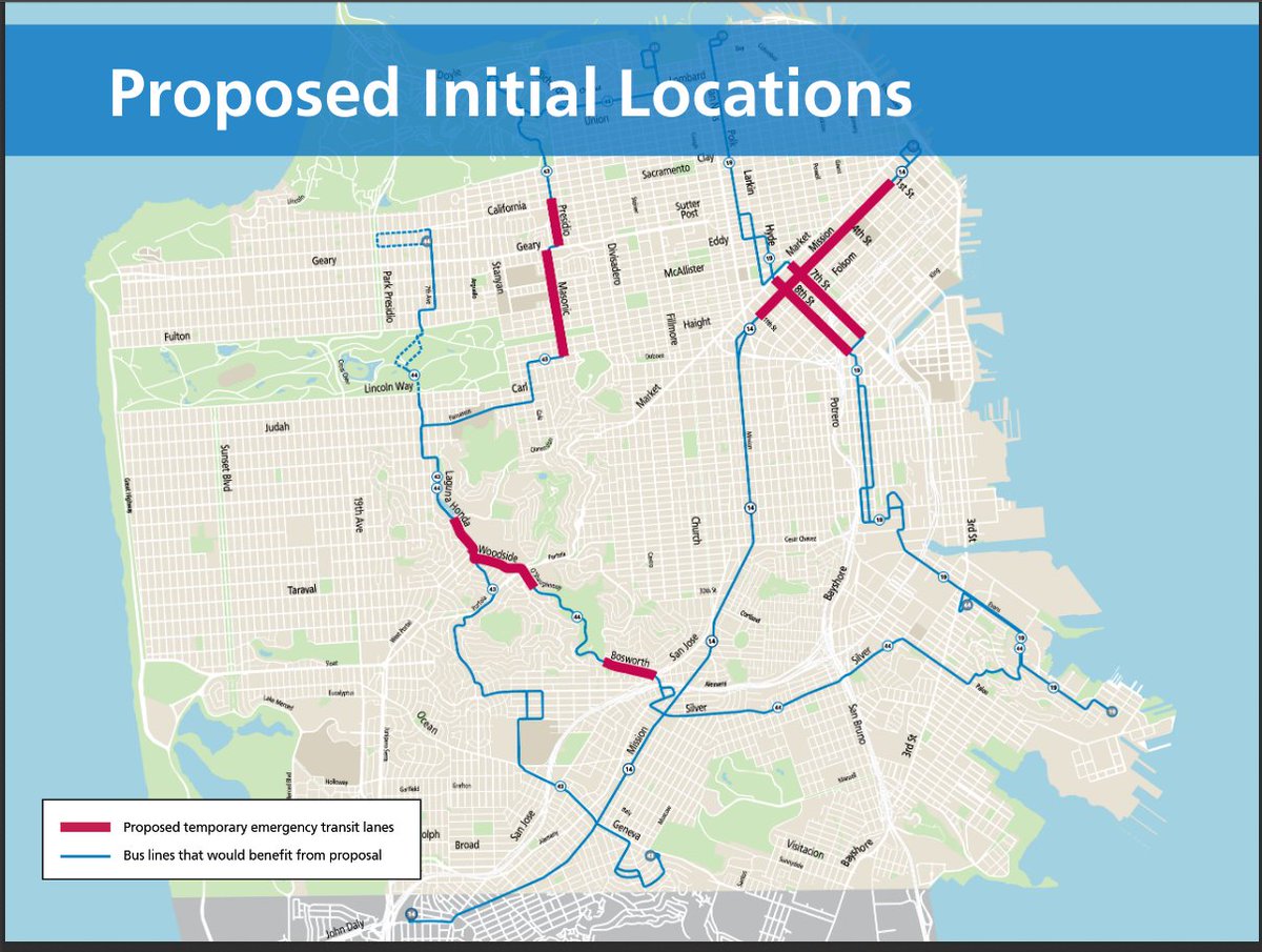 RHODES: (slide 11) Want to reduce risk exposure for people who have the fewest travel choices. (slide 12) Map of where we're proposing temporary transit lanes today. Some of these will be shared bus/bike lanes. Everyone on the line will benefit, even if the bus lane isn't nearby