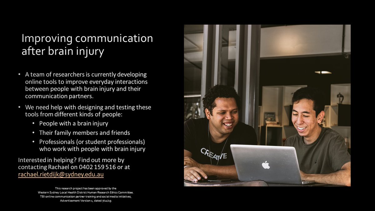 RachaelReedake's tweet image. We&apos;ve had a great response - now just seeking family members of people with #TBI to participate in this ethically approved research. Co-design with us some online tools aiming to improve communication after brain injury. Further details in picture below. @CarersNSW @synapse_aus