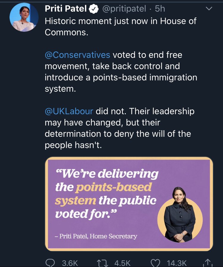 Here's Priti Patel, gloating about taking away the freedom of movement rights of 66,000,000 UK citizens and 446,000,000 EU citizens.She's been extra careful to make sure the Tories get 100% of the credit for destroying the life chances of over half a billion people.   