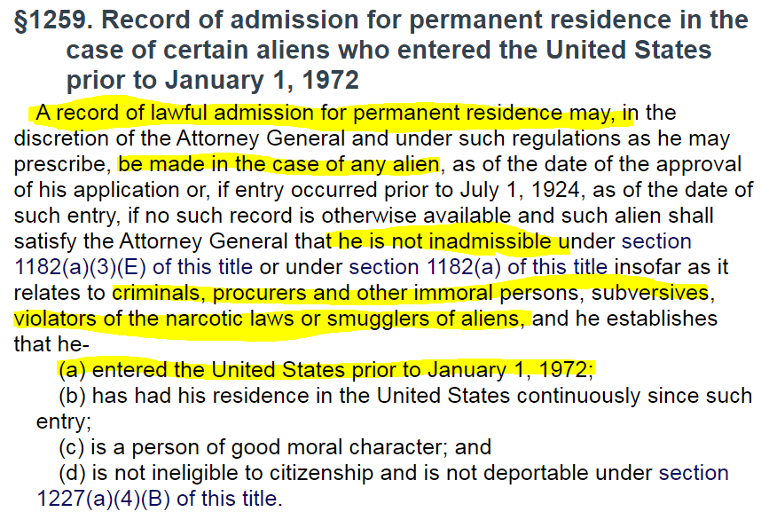 13/ Here's the current registry law, as contained in INA §249. As immigration law goes, it is a masterpiece of elegance and simplicity.Just needs one tiny little three-word update. Can you spot it?