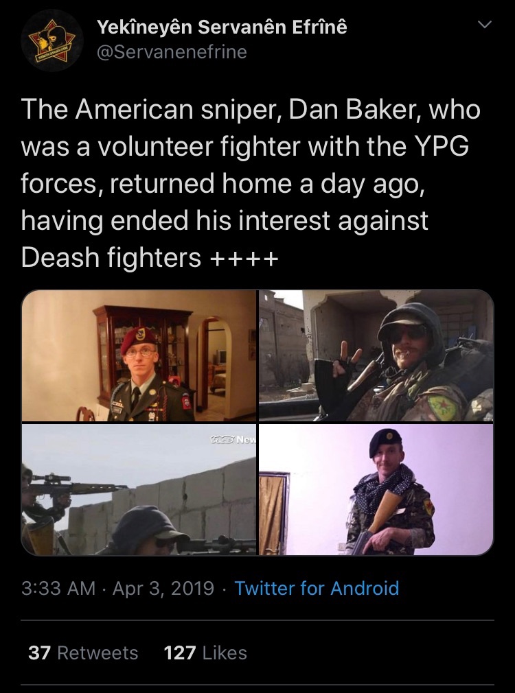 Thread: One of the “medics” at the CHAZ/CHOP recent shooting of two minors is Dan Baker, an American sniper who joined the YPG in Syria Pics 1 & 2 are him, tweeted by himself + YPGPic 3 his witness accountPic 4 YPG telegram celebrating a body count #CHOP  #chopshooting