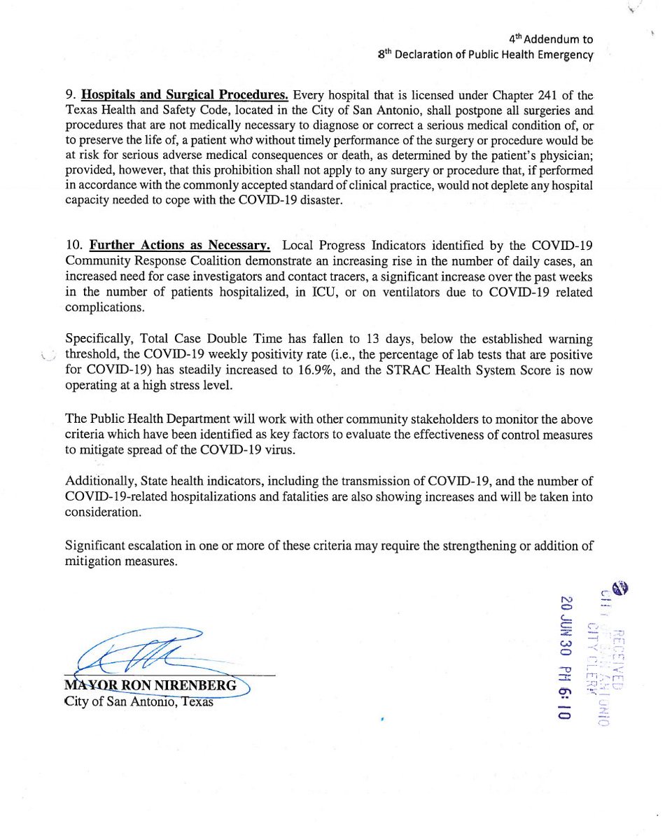 #SATX Mayor @Ron_Nirenberg has issued a Public Health Emergency Order that includes pre-screening health & safety requirements for businesses & prohibits indoor/outdoor gatherings of 100+, effective noon on 7/2 & will remain in place indefinitely. Details: covid19.sanantonio.gov