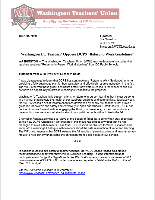 #BREAKING: I was just forwarded this email from DCPS outlining 'Return to In-Person Work Guidelines'. The @WTUTeacher sent this statement in response, upset that guidelines were sent before a finalized instruction plan. @wusa9 Reached out to @dcpublicschools for comment.