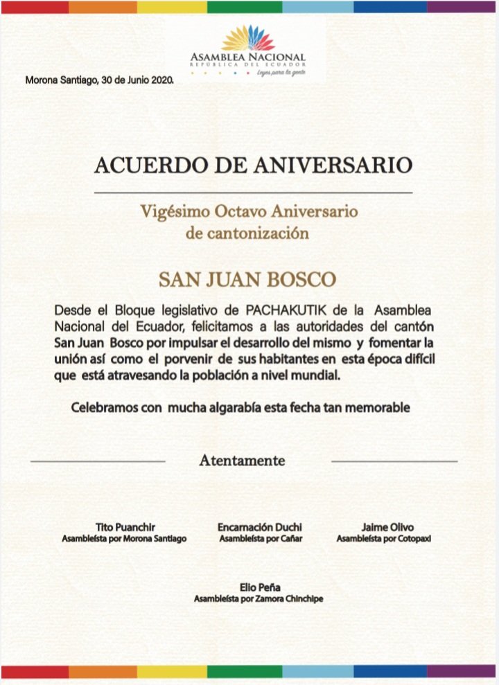 Aprovechamos está oportunidad para felicitar a las autoridades del cantón San Juan Bosco, de la provincia de Morona Santiago por impulsar el desarrollo. 

¡LOOR A SAN JUAN BOSCO!