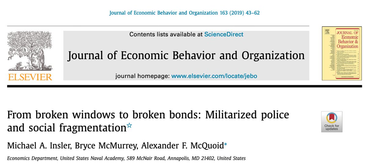 399/ "Our results suggest that transfers of military equipment to police departments has a fragmenting effect on civic engagement. Black households reduce charitable giving. The relative impact of police militarization is consistently worse for black households." ( @minsler)