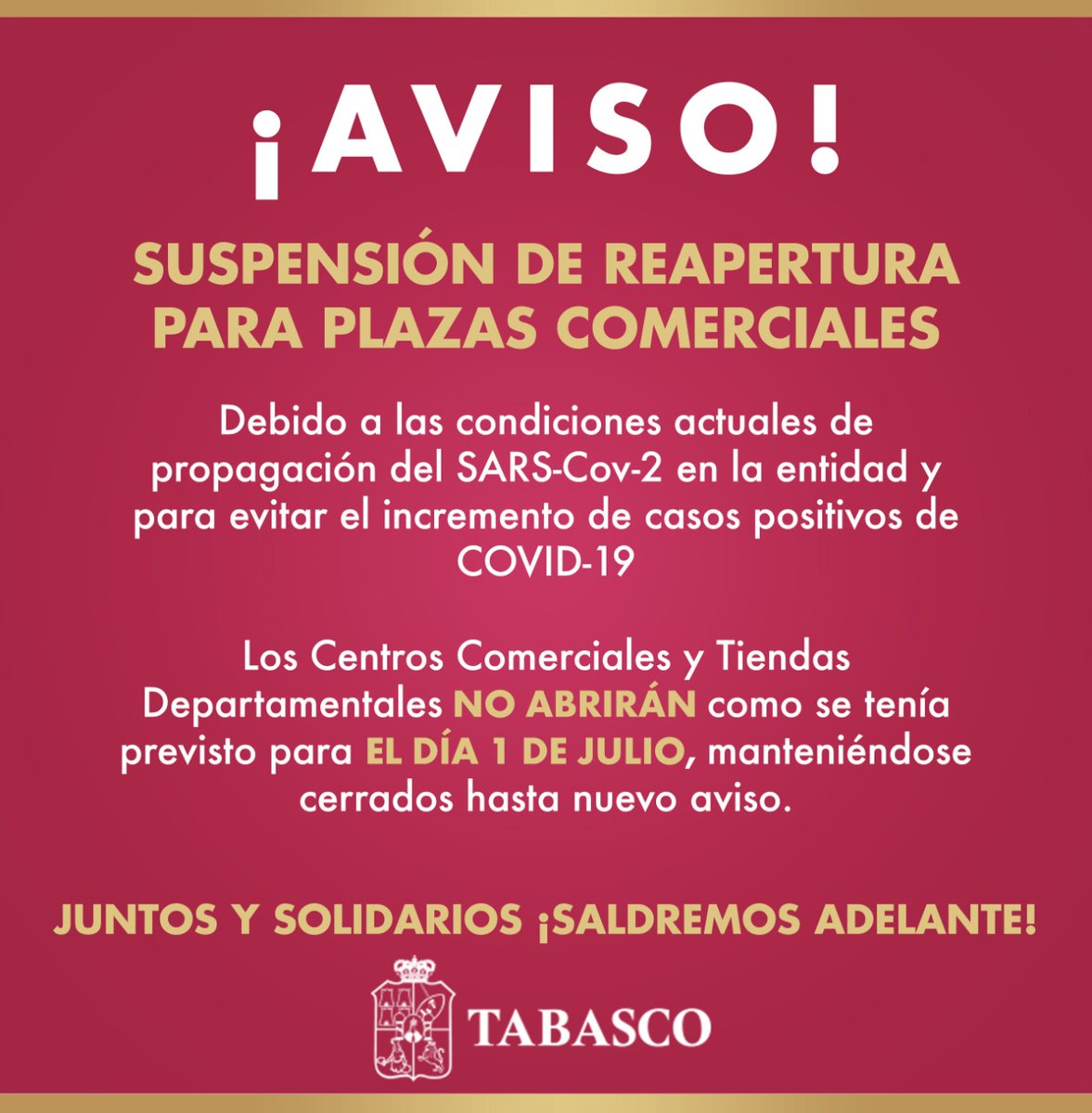 Gobdetabasco's tweet photo. ⚠️¡ ATENCIÓN!

🏪Centro Comerciales y Tiendas Departamentales NO ABRIRÁN como se tenía previsto para este 1 de julio. La medida se mantendrá hasta nuevo aviso y busca en todo momento, prevenir los contagios en la población https://t.co/HfCpPMtSAi