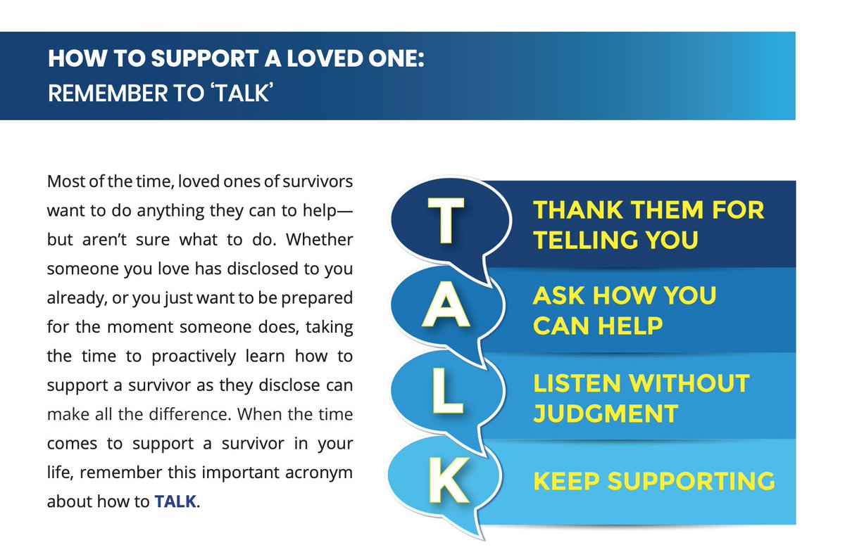An easy mnemonic from  @RAINN is TALK: “TALK” to survivors:* THANK them for telling you* ASK how you can help* LISTEN without judgment* KEEP supporting #SexAbuseChat