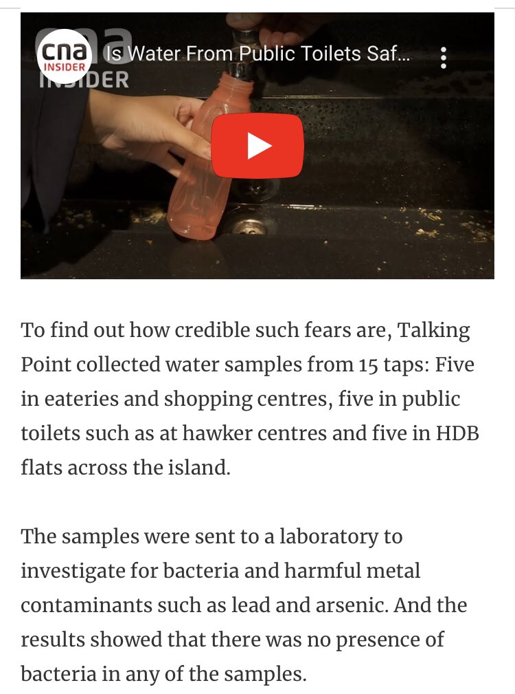 Tap water is one of the safest to consume. There are multiple tests and quality mgmt actions going on in the background to ensure bottled waters aren’t the norm here. https://www.channelnewsasia.com/news/cnainsider/is-tap-water-from-public-toilets-safe-to-drink-bottled-mineral-11706400