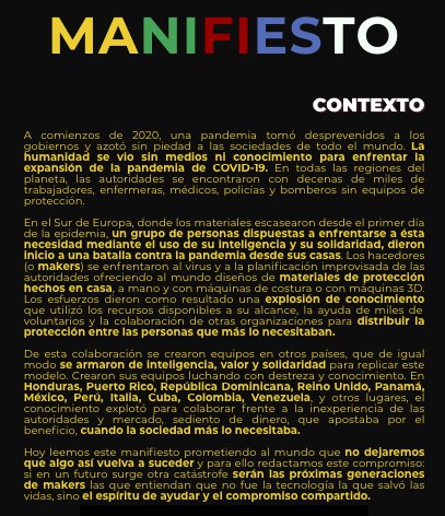 Manifiesto de la Red Internacional Maker RIM

Los makers estamos dispuestos a construir un mundo mejor. Nuestra idea es compartir soluciones para un mundo en transformación.
#Covid_19 #apoyo #somosRIM