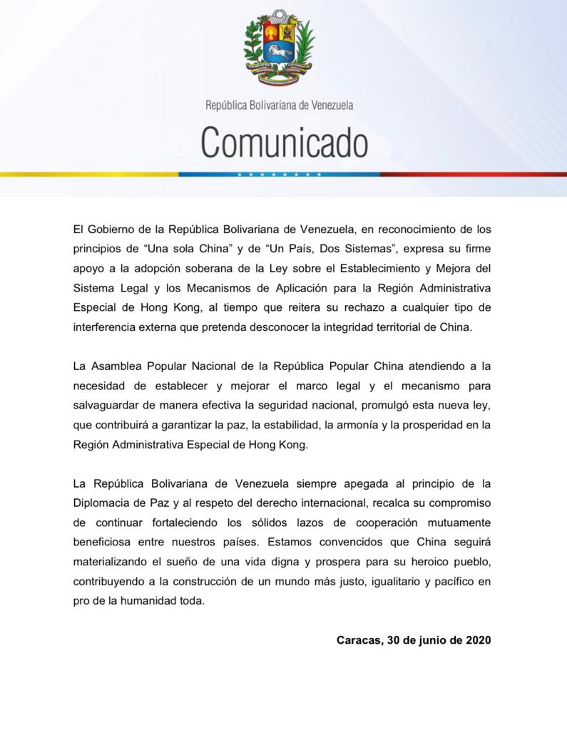 jaarreaza's tweet photo. #COMUNICADO | Venezuela apegada al respeto del derecho internacional respalda la adopción soberana de la República Popular China sobre el sistema legal en Hong Kong y rechaza cualquier tipo de injerencia que pretenda desconocer la integridad territorial de China. https://t.co/EoaPol0zcP