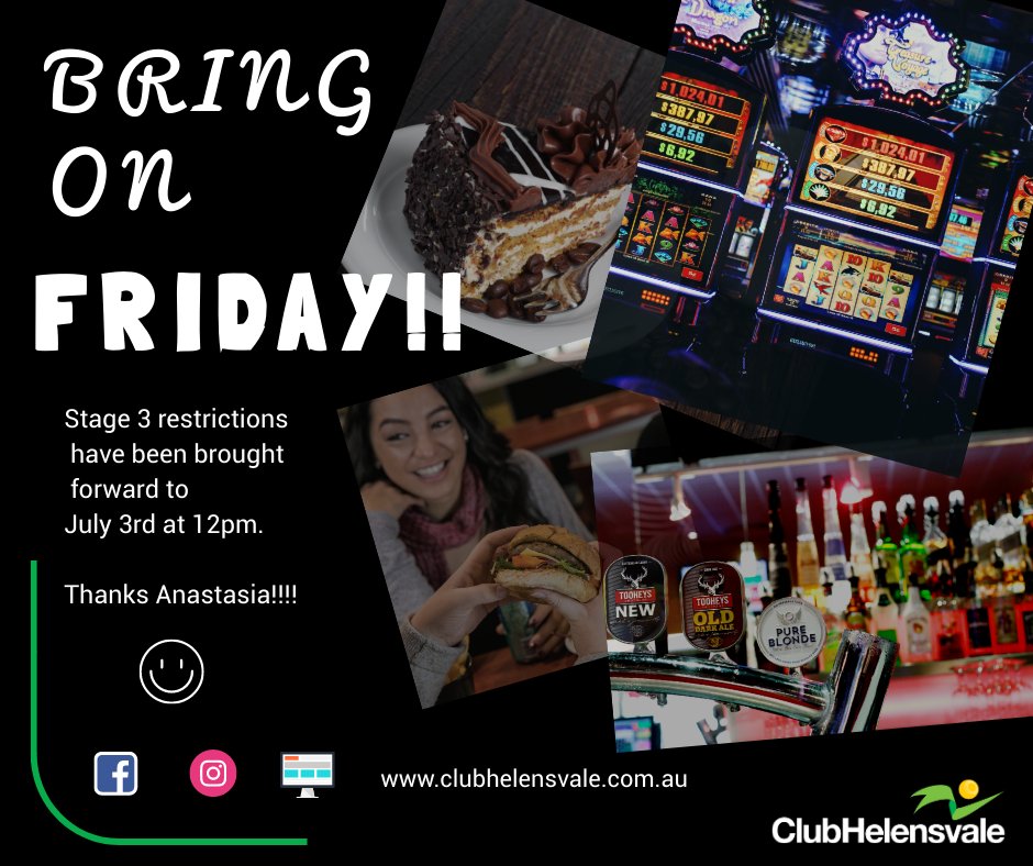The Queensland Premier announced stage 3 easing of restrictions will commence from 12 noon on Friday 3 July 2020. 

#orderdrinksatbar #gaming #bowls #keno 

Club Helensvale will open 7 days a week from 10am until further notice.
