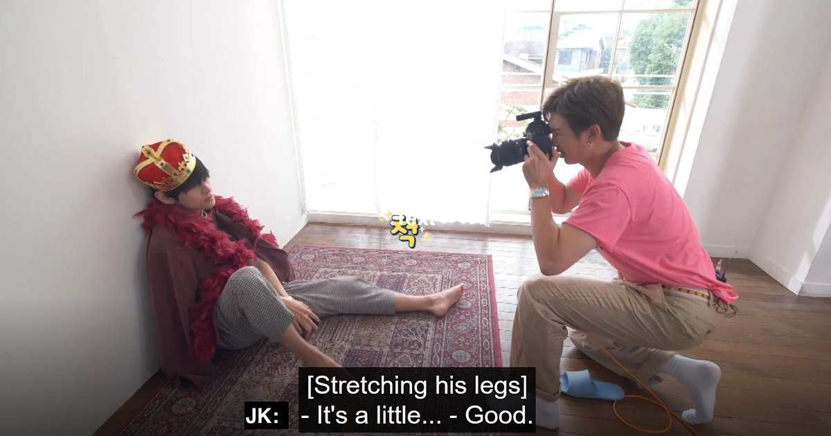 You can see Jungkook chime in about the positioning of Tae's legs, and immediately Tae stretches to a better position. There's a trust there & a shared knowledge of beauty and lines. Tae knows what JK meant. Similarly Tae chimes in reminders when JK was photographing.  @BTS_twt
