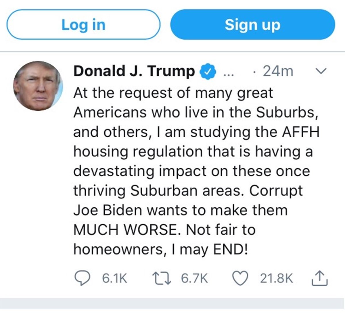 Pres Trump just tweeted that he may end key  #FairHousing provision because some suburban communities have requested he roll back the civil rights provision.  #AFFH is a major feature of the Fair Housing Act wh/ was passed as an honorarium to Dr. King 7 days after his death.