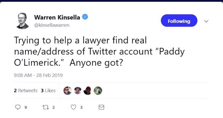 For me, this all happened shortly after I joined twitter. I had just discovered her and suddenly she was gone.Many who I followed had put a  in their name as a sign of respect. I didn't know why.Here's a screen shot of Kinsella's threat against Paddy O'Limerick. #cdnpoli