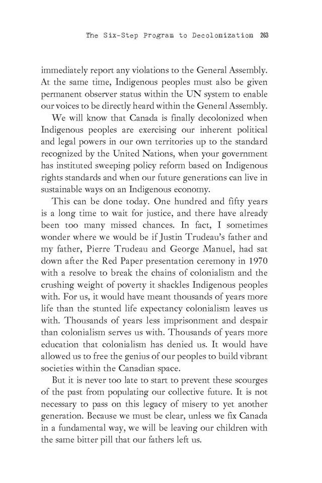 Tomorrow is #UnsettlingCanada153 Day! I’ll take this occasion to remind you to read THE RECONCILIATION MANIFESTO by Arthur Manuel if you haven’t read it yet! This is Art Manuel’s SIX STEPS TO DECOLONIZATION! #WiseUp #RiseUp #IdleKnowMore