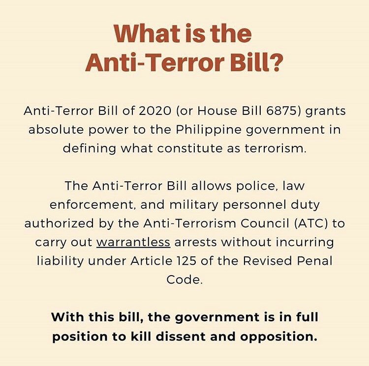 the anti-terror bill grants the government the power to define what constitutes as terrorism. to them, terrorists are anyone who speaks against the government.