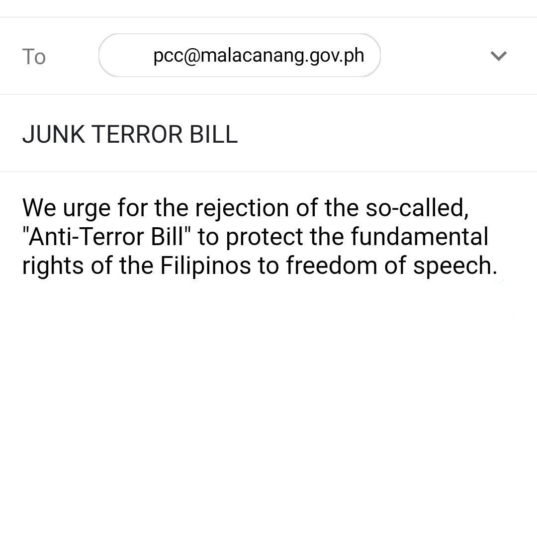 their government doesn’t look at petitions so it would be most effective to send an email instead.To: pcc@malacanang.gov.ph, sysad@senate.gov.phSubject: JUNK TERROR BILL