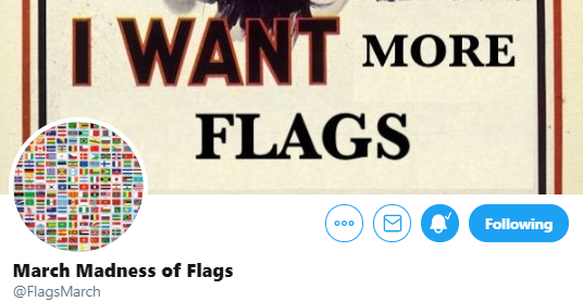  Happy to learn there's a MARCH MADNESS OF FLAGS TWITTER ACCOUNT https://twitter.com/FlagsMarch Slamming that mobile alerts button!The Canadian Cities, Provinces, Territories and First Nations Flag Tournament is LIVE and in the ELITE 8! https://twitter.com/FlagsMarch/status/1278063299301642241