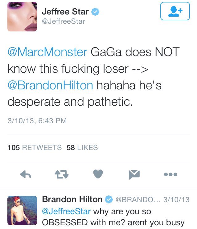 BRANDONHILTON's tweet photo. Jeffree Star ruined my friendship with Lady Gaga!

we hung out a few times, and I began writing potential songs for her.

then Jeffree Star signed with Akon and began blasting me saying she didn’t know me, which made her drop me and her fans attack me!

HERE’S RECEIPTS! https://t.co/qgj66VVsws
