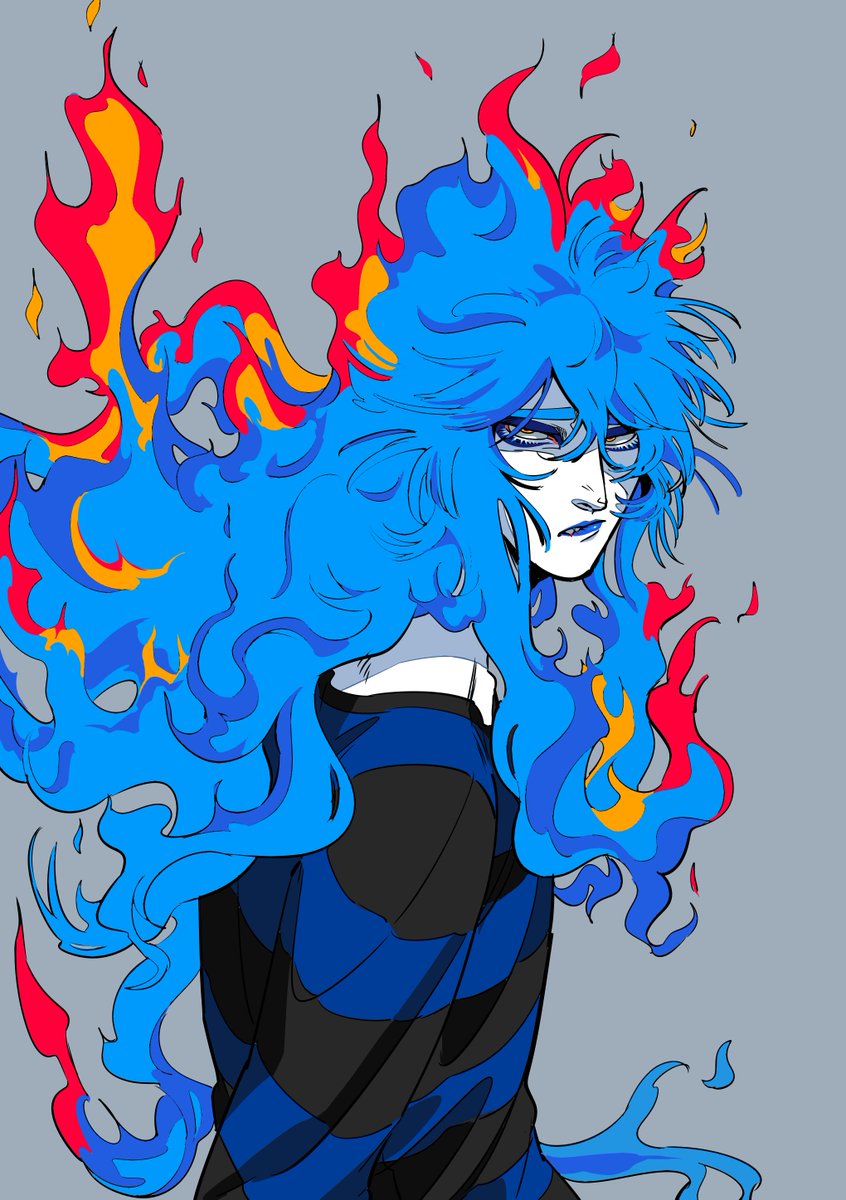 fiery hair solo 1boy blue lips male focus long hair blue hair  illustration images